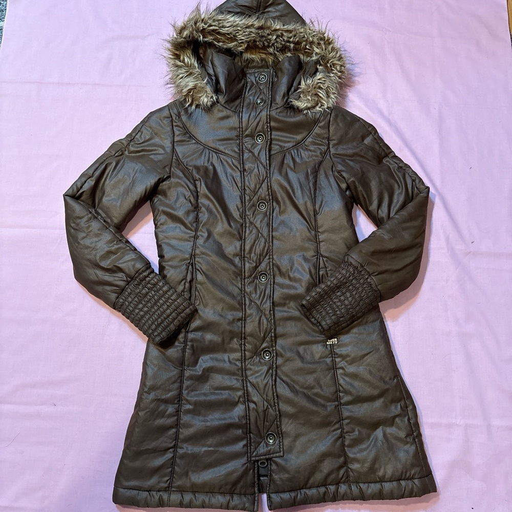 Miss sixty Brown Hooded Coat with Faux Fur Trim